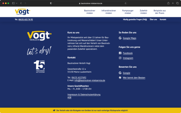 Screenshot zur veranschaulichung des Webdesigns: Logos der Firma, Kontaktdaten und Links zu Social-Media-Profilen der Firma aus Mainz.