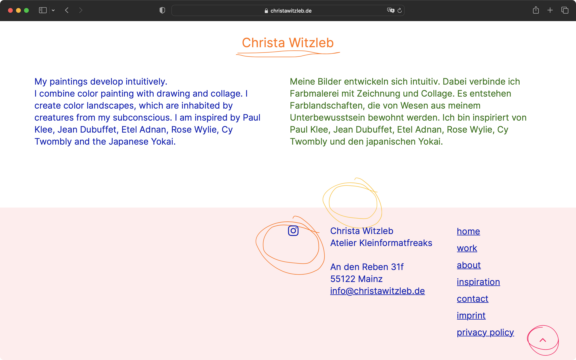 Screenshot zur veranschaulichung des Webdesigns: Die Gestaltungselemente und der Footer der Webseite der Künstlerin Christa Witzleb aus Mainz.