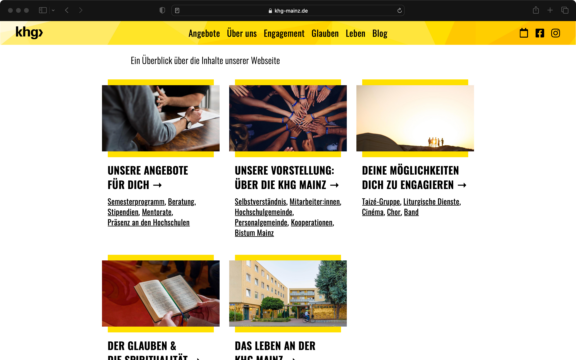 Screenshot zur veranschaulichung des Webdesigns: Die Übersichtsseite. Kleine Bilder illustrieren die Inhalte und Struktur der Webseite.