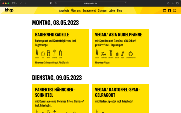 Screenshot zur veranschaulichung des Webdesigns: Der Speiseplans der KHG Mensa in Mainz. 
