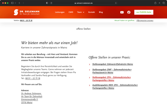 Screenshot zur veranschaulichung des Webdesigns: Die Landingpage verwendet die Gestaltungselemente der Praxis-Webseite Dr. Sielemann aus Mainz.