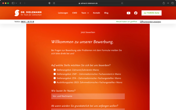 Screenshot zur veranschaulichung des Webdesigns: Das Bewerbungsformular zur digitalen Bewerbung bei Dr. Sielemann in Mainz.